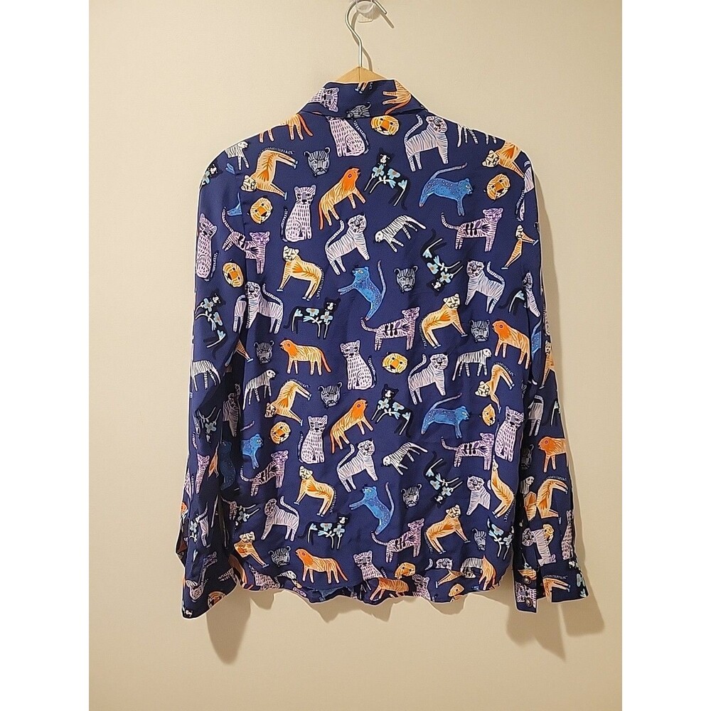 Anthropologie Carolyn Gavin Shirt Blue Mariposa Silk Blouse Cat Lion Leopard 4 - Picture 4 of 8